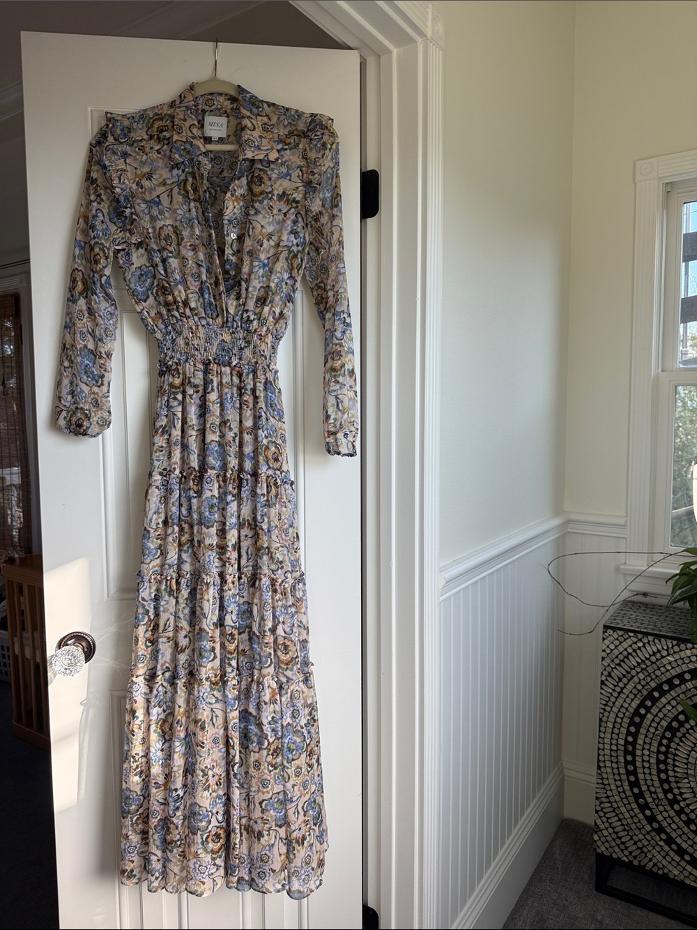 Misa Los Angeles Beige Floral Tiered Maxi Dress - Beige/Blue